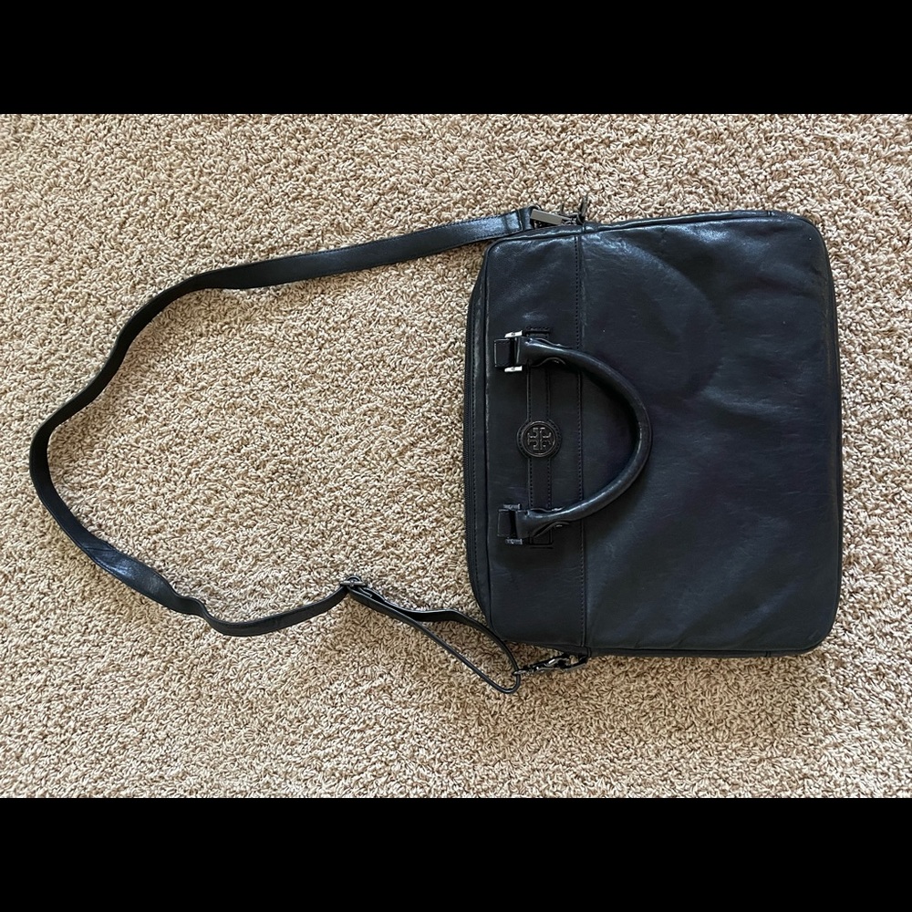 Tory Burch Leather Laptop Bag with shoulder strap.